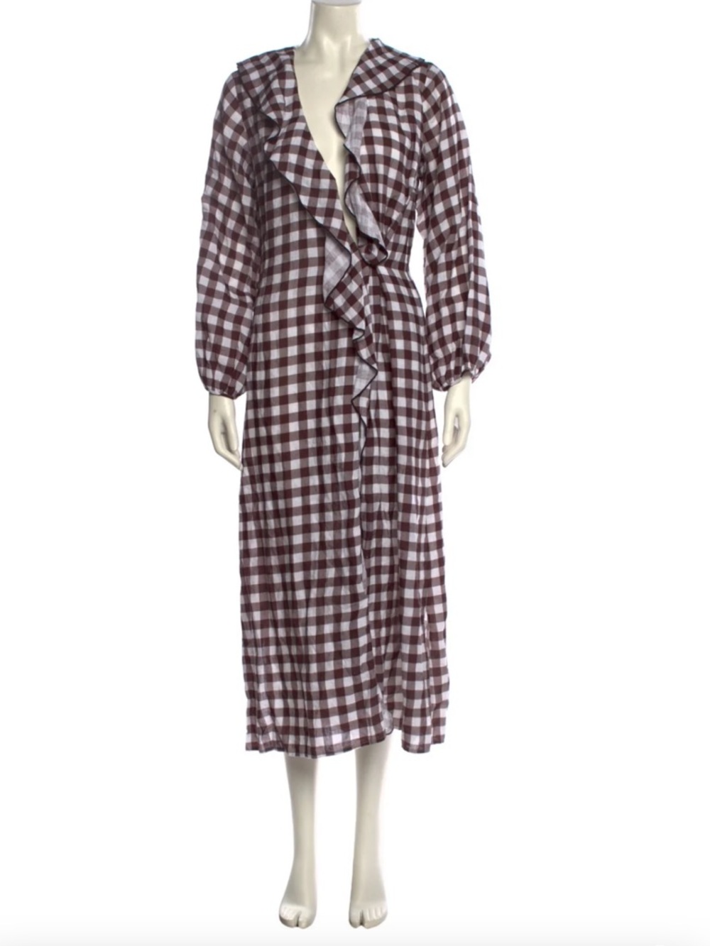 Marysia Resort Linen Brown and White Gingham Long Sleeve Dress